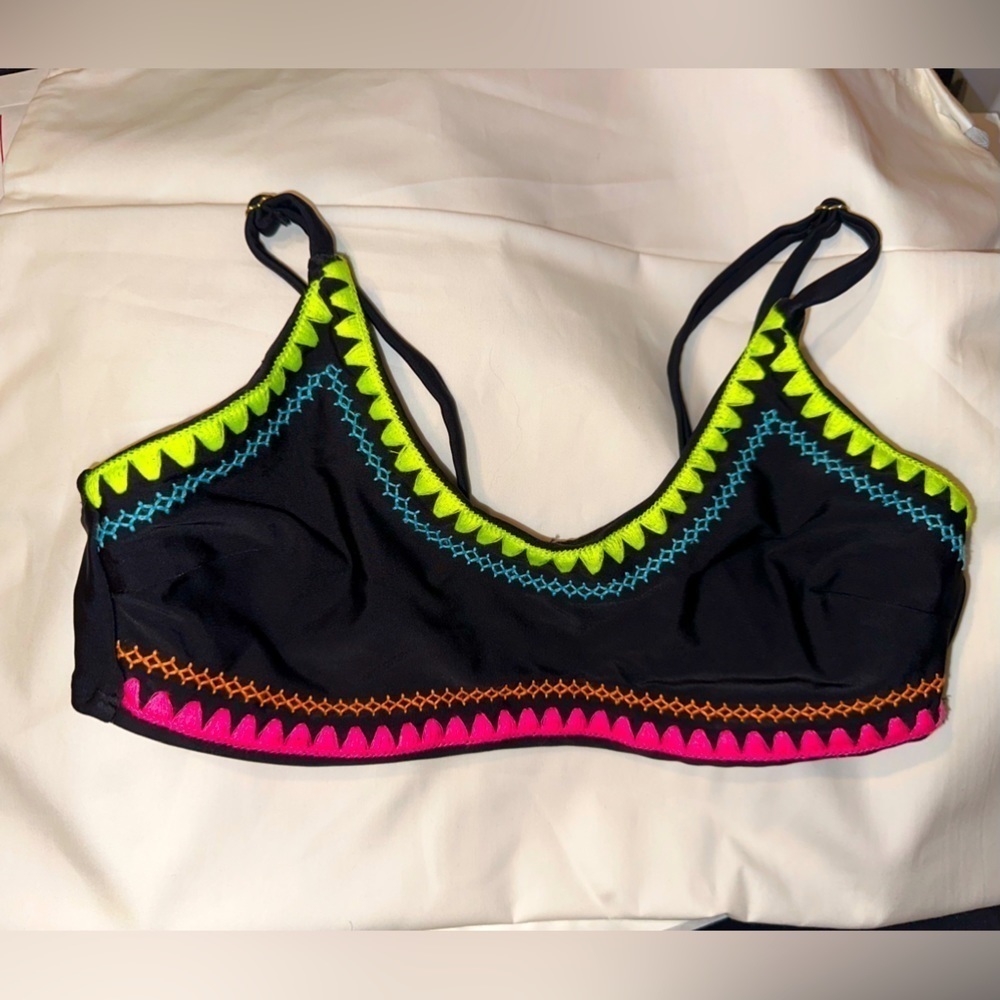 NWOT xhilaration black neon embroidered bikini top M boho swim beach vacation